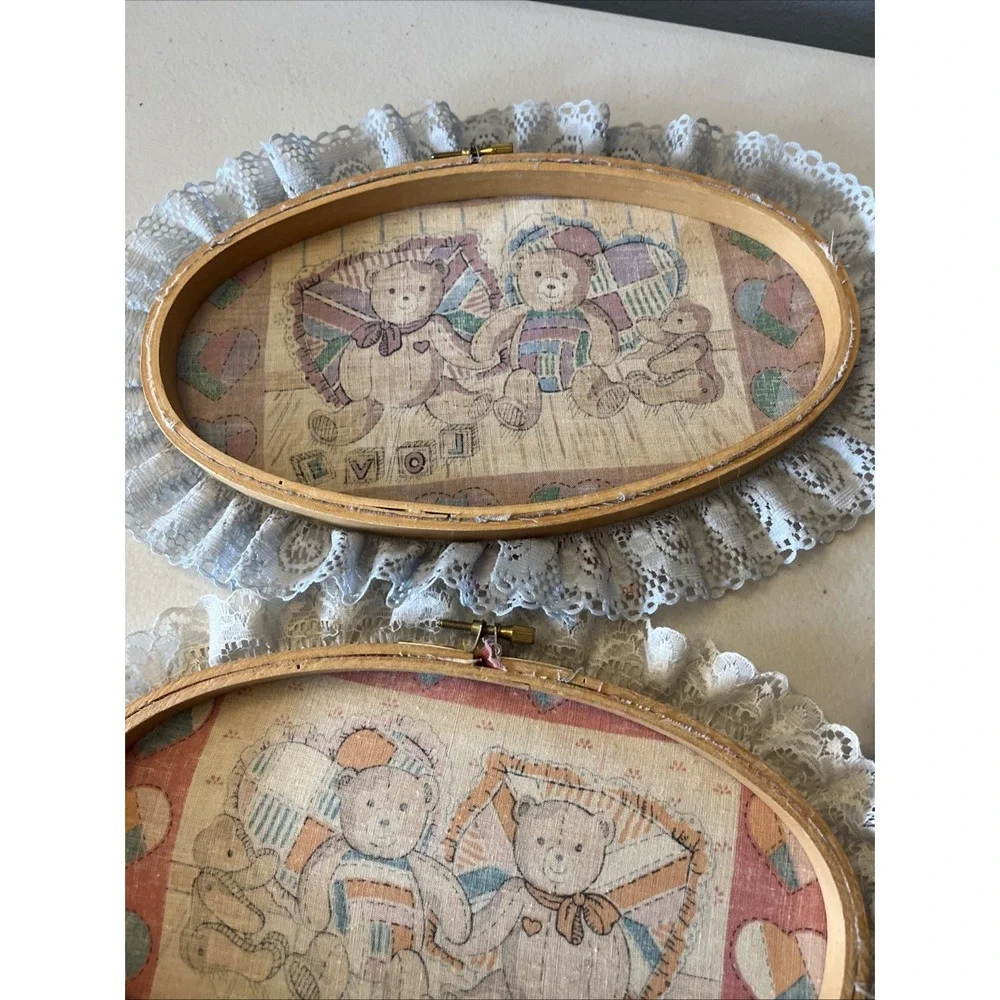 Vintage Wall Hangings With Lace Trim Teddy Bears Toys Embroidery Cottagecore (3)